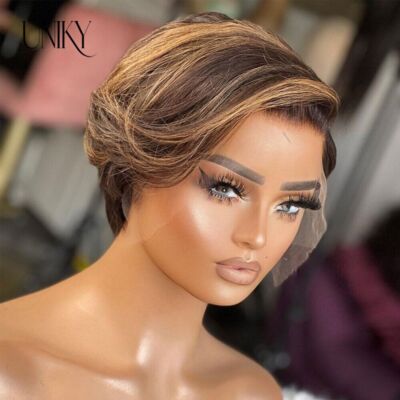 Short Bob Pixie Cut Wig Straight Human Hair Wigs Highlight Transparent Lace Wig