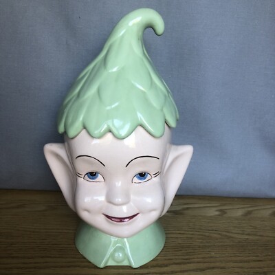 VINTAGE PIXIE ELF LIGHT GREEN CERAMIC COOKIE JAR SIGNED DIMPLES - ADORABLE