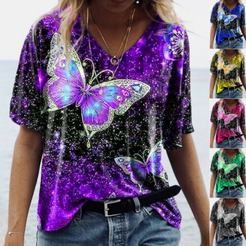 Women Casual Butterfly Print V Neck T-Shirt Ladies Short Sleeve Tops Blouse