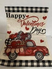 Garden Flag - Happy Valentine's Day - Red Pickup - Hearts - 18" X 12 - New