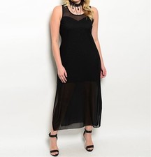 Plus Size Sleeveless Black Double Slit Mesh Maxi Dress Party Dress-PT1-CN264275