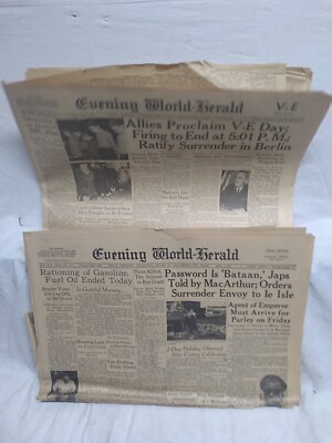 1945 Omaha World-Herald Newpaper lot of 2 VE Day May 8 & August 15 complete
