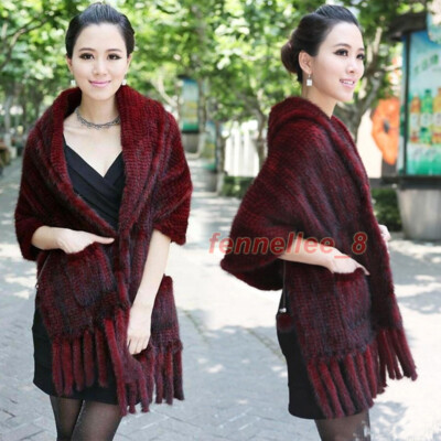 100% Real Genuine Knitted Mink Fur Long Cape Stole Shawl Scarf Wrap Winter  Warm