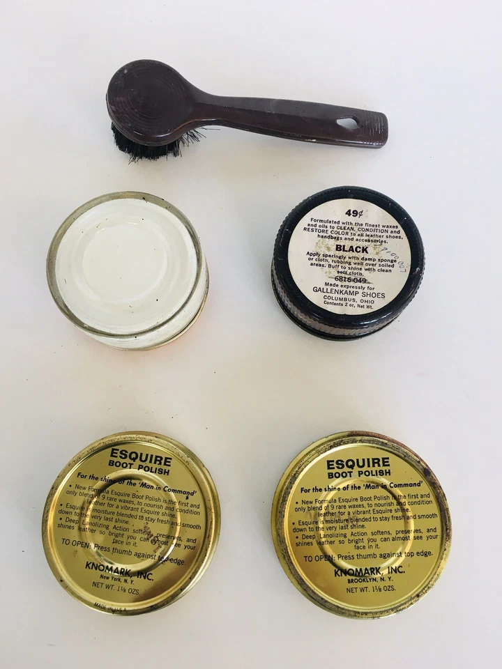 Latas de pulido de zapatos vintage y recipientes de vidrio y cepillo de pulido Dabbler EE. UU. Foto 2 de 2
