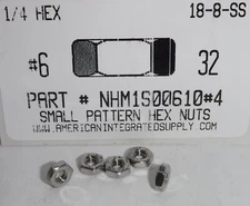#6-32 Small Pattern Hex Nuts 1/4 inch across the flats Stainless Steel (100)