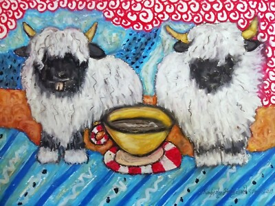VALAIS BLACKNOSE SHEEP Drinking Coffee Farm Ranch Art Print 8 x 10