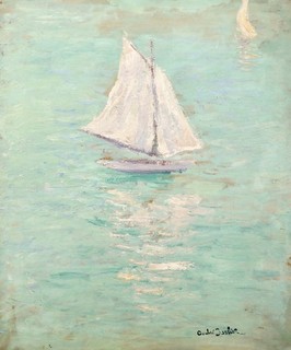 ANDRE BARBIER (1883 1970) LARGE SIGNED FRENCH OIL CANVAS YACHTS ON THE SEA