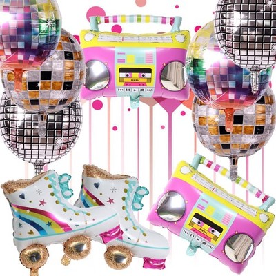 10 PCS Rainbow Roller Skate Balloons Boom Box Balloon,22 Inch Round Color Foi...