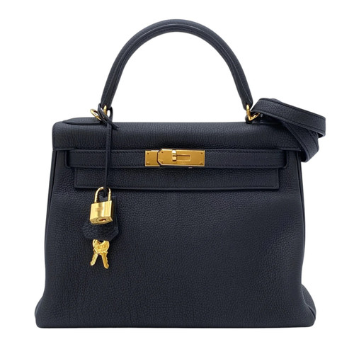 HERMES Kelly 28 Black Shoulder Bag T Stamp #OKB259