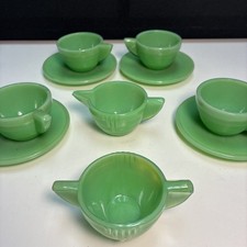 Vintage Akro Agate Green Slag Glass Miniature 10 Pcs "Jadeite" Child's Tea Set