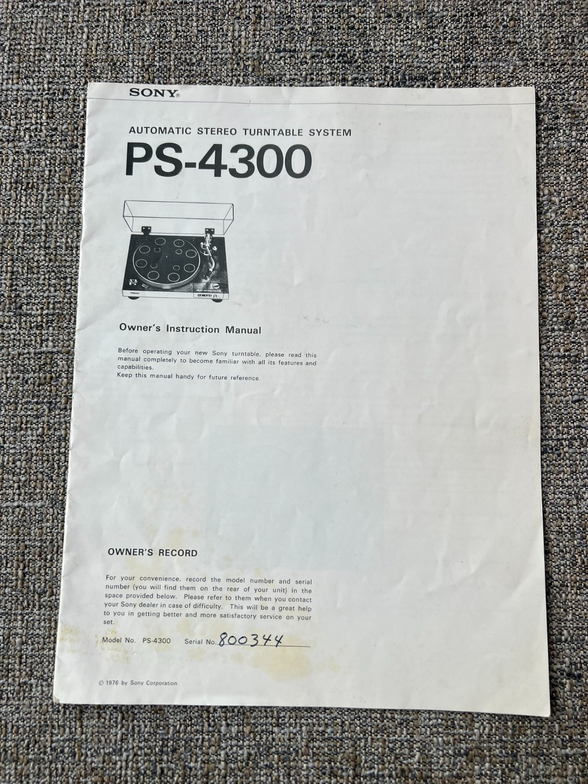 Original SONY PS-4300 Turntable Owners Manual