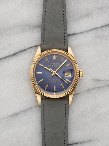 Vintage 1985 Rolex Oyster Perpetual Date 15038 18K YG Blue Dia...