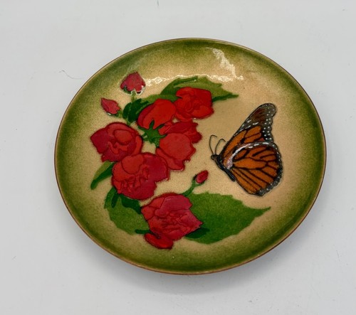 Bovano Of Cheshire Butterfly Red Flowers Enamel Copper Trinket Bowl Dish 6"