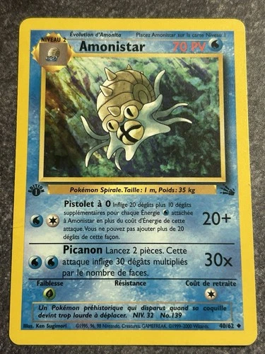 Pokemon French Omastar,Amonistar 1st Edition Fossil Card 40/62,Vintage 2000 TCG