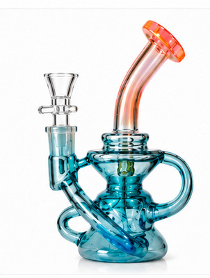Glass Water Pipe   Iridescent Teal Finish Borosilicate Glass Spiral Recycler