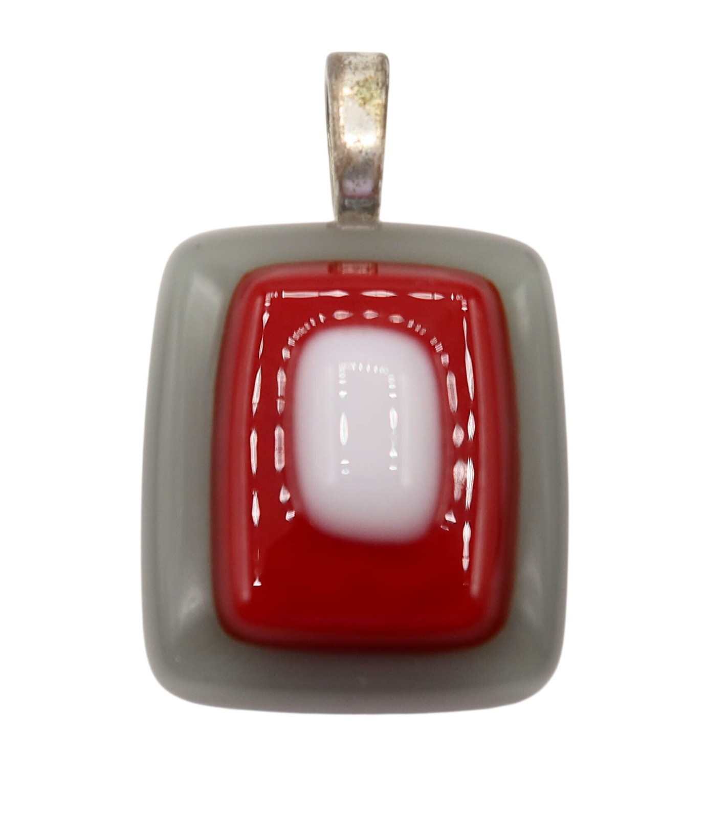 Rectangular Gray Red White Art Glass Pendant Geom… - image 1