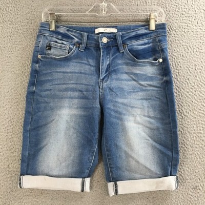 KanCan Short Women 7/27 Bermuda Mid Rise Cuffed Zip Fly Casual Cotton Blend Blue