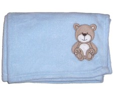 SNUGLY Baby Blue Tan Teddy Bear Applique Blanket Security Lovey 30 x 40"