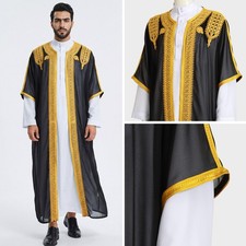 Dubai Men Muslim Thobe Jubba Robe Islamic Arab Ramadan Kimono Dress Thoub Kaftan