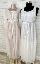 2pc Set VTG White Bridal Peignoir MissElaine Babydoll Chiffon Nightgown Robe Med