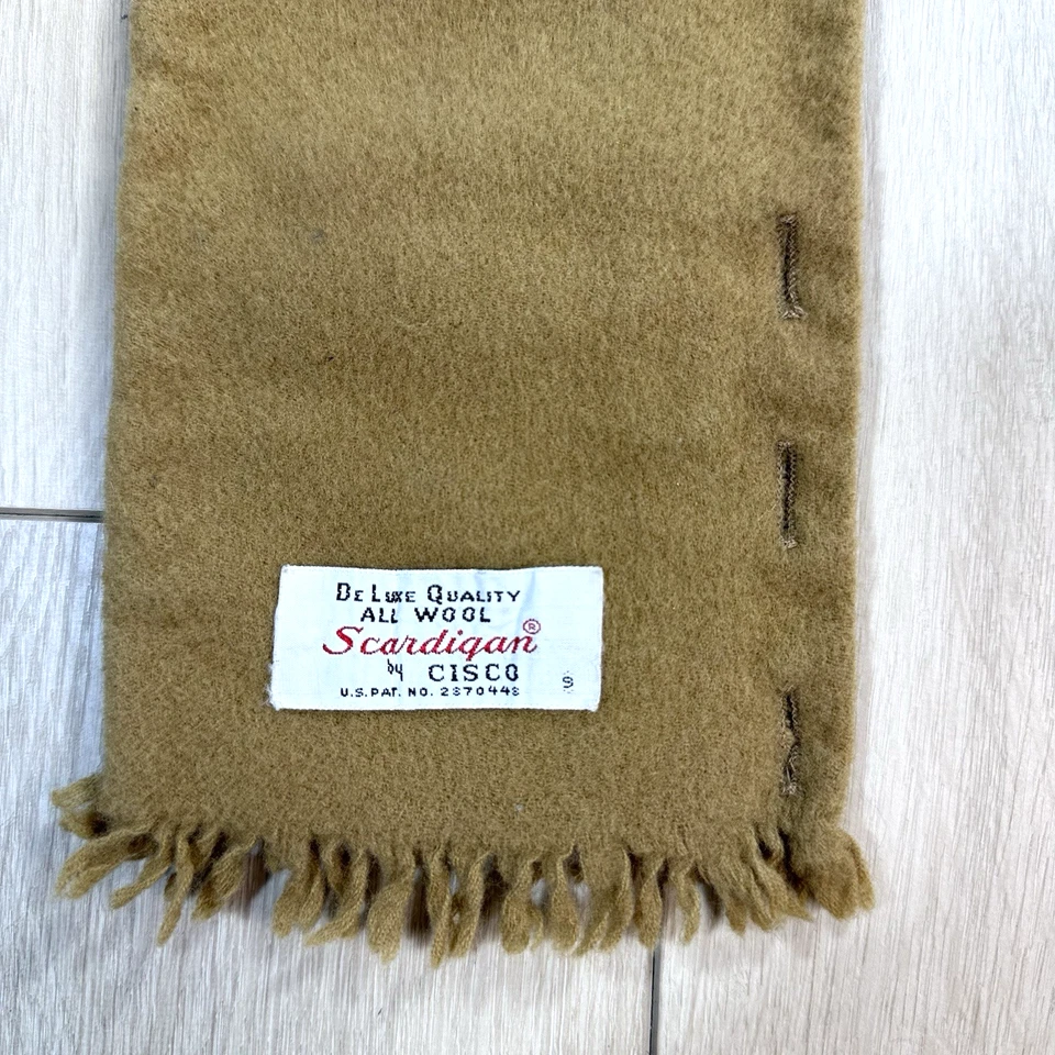 VTG Scardigan by Cisco All Wool Button Scarf Tan Brown Fringe Unisex USA Made - Image 4 of 4