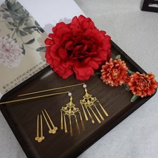Red Silk Flower Hairpin Set Tang Style Tassel Hair Clip Chinese Hair Accessory