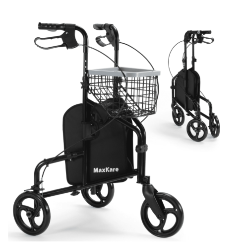 MaxKare 3-Wheel Walker Lightweight Foldable Rollator Walker with 8'' Wheel