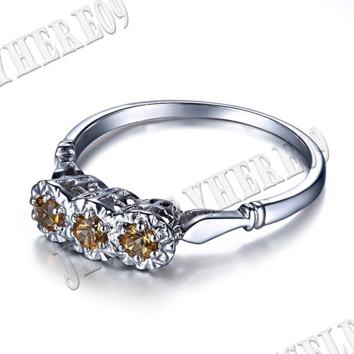 Fashion Lady Fine Jewelry Three Stone Round 3mm Genuine Citrine 925 Silver Ring - Picture 4 of 9