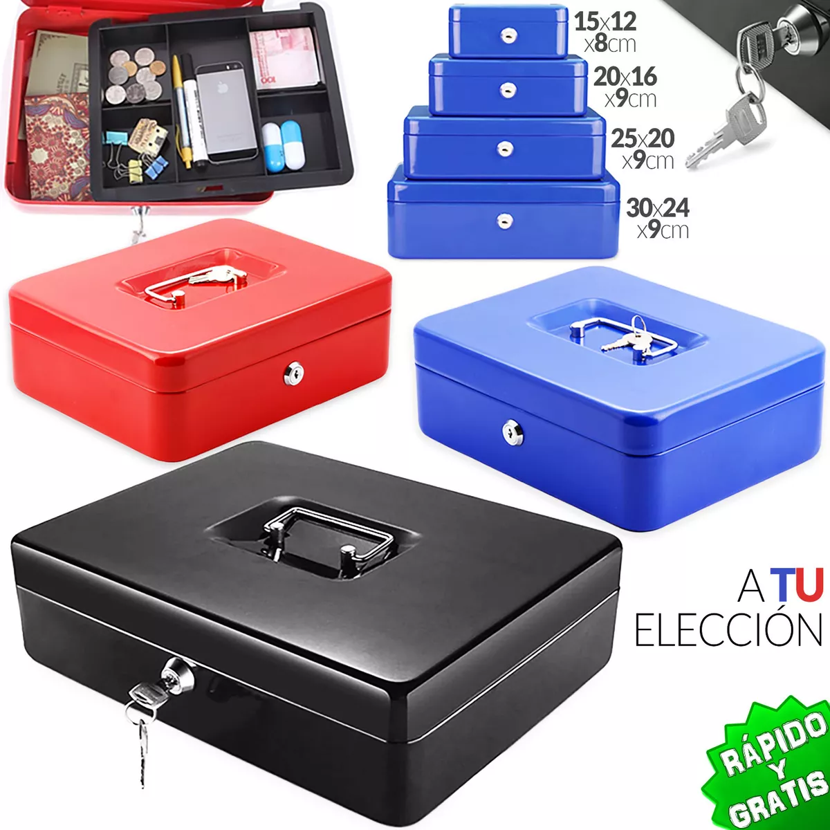 CAJA DE CAUDALES METÁLICA LLAVE COLORES TAMAÑOS AHORRO METAL CASH BOX  SAVINGS