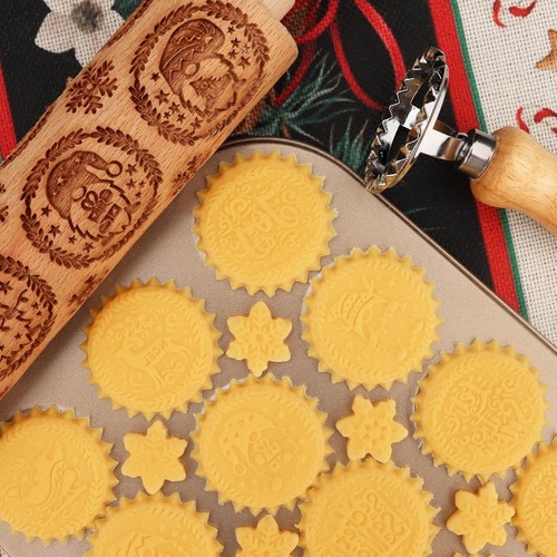 Nativity and Gnome Embossed Dough & Cookie Rollers Engraved Wooden Rolling Pin - Picture 10 of 14