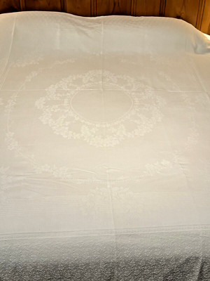 EUC white cotton matelasse bedspread for poster bed-total 98''Lx89''W, 17'' ''drop''