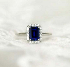 Emerald Cut Blue Sapphire Diamond Halo Engagement Ring 14K White Gold Finish