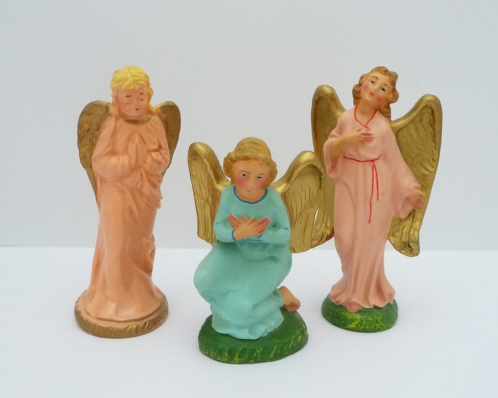 3 Vintage Nativity Angel Figurines, 1 Hand Painted Italy, Pink and Turquoise