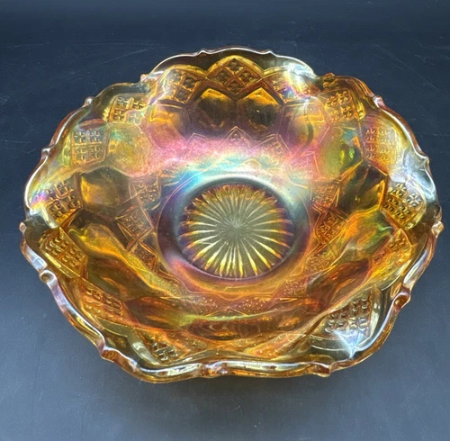 VTG Circa Imperial MARIGOLD IRIDESCENT Glass Star & File Carnival Dish Bowl 6”