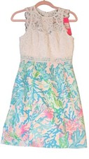 Lilly Pulitzer Sharice Shift Dress Beach Lace Coral Bay Blue Pink Sz 00 NWT
