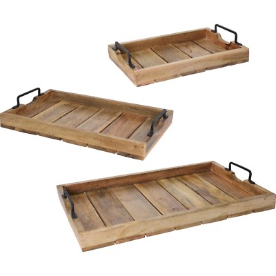 Holztablett Dekotablett Serviertablett 3 Größen Metallgriff Holz Vintage Deko