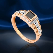 Massiv Rotgold 14 kt 585 Herrenring Herren Goldring mit schwarzem CZ Siegel RING