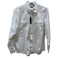 New XL Van Heusen Shirt Mens Solid White pockets Button Up Dress Shirt RollTab