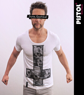 Pistol Boutique Herren tailliert weiß Rundhalsausschnitt BRUST SCHÄDEL KREUZ T-Shirt