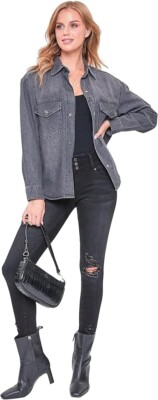New YMI Woman Oversized Denim Shacket Shirt Jacket Gray Jean Button Up Sz Large