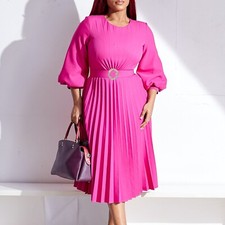 Women's Summer Elegant Pleated Midi Dress Casual A Line Flowy Dresses Midi Dress