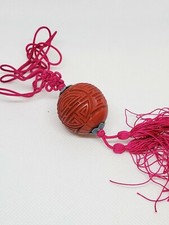 1 pc Vintage Hand Carved Chinese Cinnabar Lacquer One Bead Necklace Long Life
