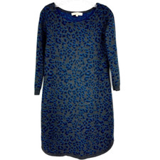 Loft Cheetah Animal Print Gray Blue Sweater Dress Quarter Sleeves Size Medium