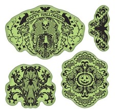 Inkadinkado Halloween Lace Pumpkin Skull, Spiker Bat Set Cling Rubber Stamp