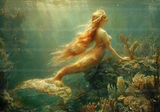 Golden Mermaid Underwater Art Print Ocean Fantasy Mythological Wall Decor Q48