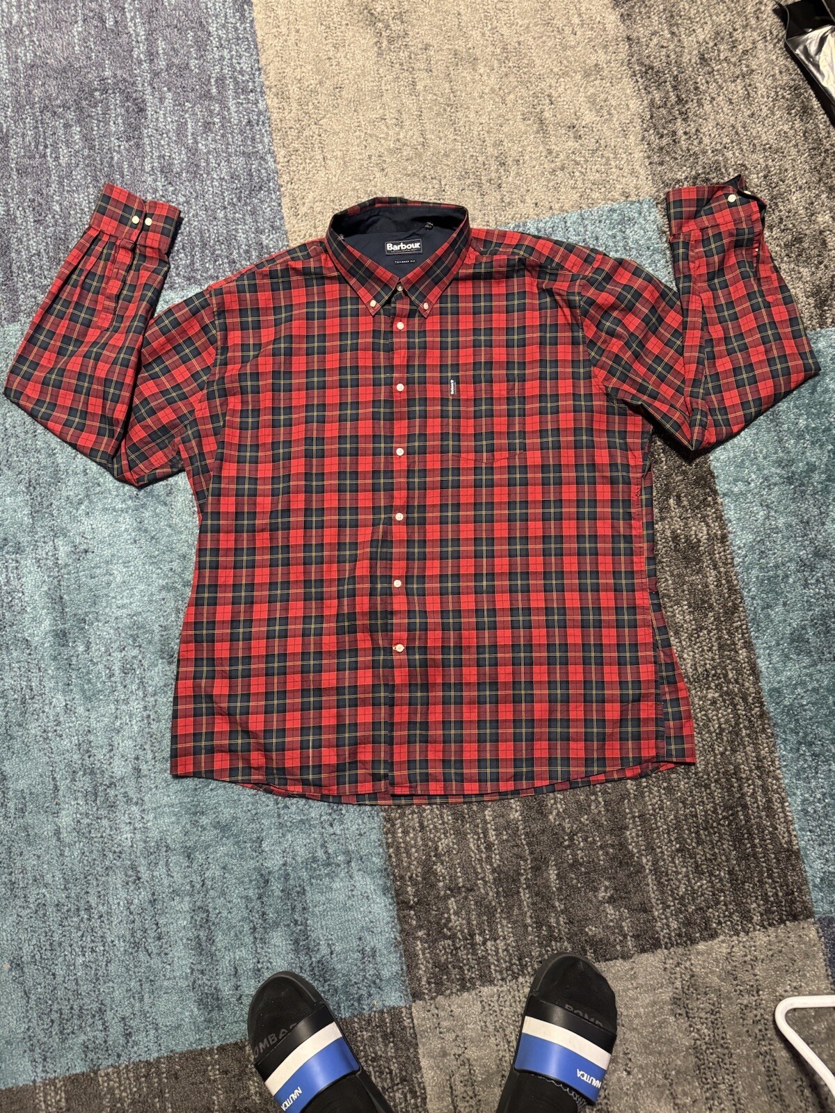 Barbour Flannel Shirt Mens Blue Red Plaid Tailored Fit  Button Up Size 3XL-image