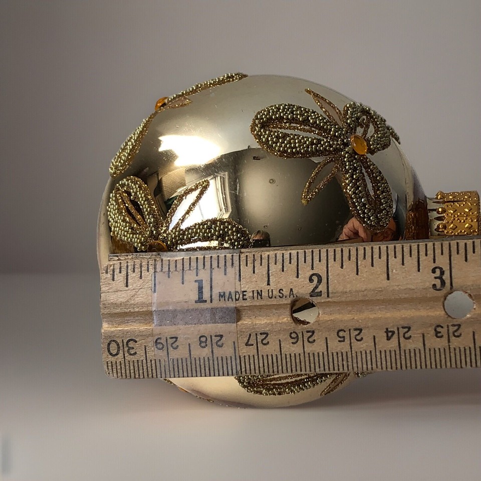 Vintage Christmas Ornaments Gold Pearls Ecru Rhinestone Set Of 3