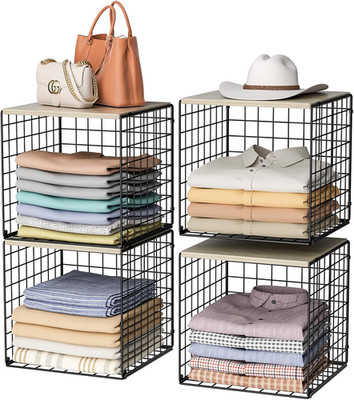 4-Tier Stackable Closet Organizers and Storage Basket, Shelves with Wood Top, Fo