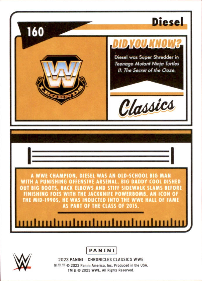 DIESEL 2023 Panini Chronicles WWE Bronze Base #160 Professional Wrestling Card - Image 2 of 3