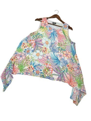 Ninety Clothing Boho Floral Tunic Top Womens Large Artsy Flowy Asymmetrical Hem